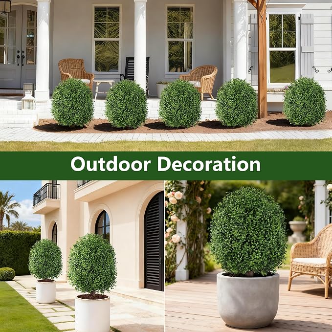 INSPRING Artificial Boxwood Topiary Trees Outdoor Fake Bushes Plants UV Resistant Evergreen Shrubs with Metal Ground Spike for Porch Patio Garden, 1 Pack