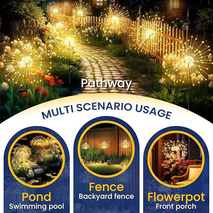 GIGALUMI Garden Decor Outdoor Lights 120LED 4Pack, Solar Garden Lights Outside Fairy Firework Decorative,Solar Powered for Yard Pathway Flowerbed Planter Balcony Patio 4th of July Decor (Warm White