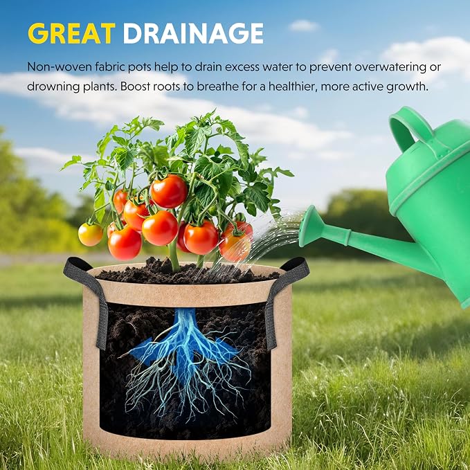 iPower 20 Gallon 10 Pack Grow Bags Nonwoven Fabric Pots Aeration Container with Strap Handles for Garden and Planting, 10-Pack Tan, 20 Gallon