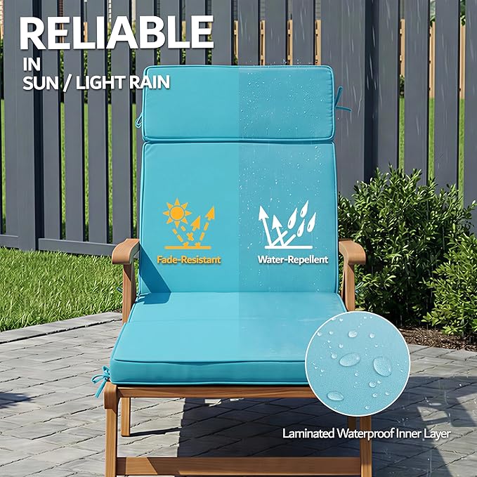72 x 21 Inch Outdoor Chaise Lounge Cushion - Removable Cover, 4-Section Design, Water-Repellent & Fade-Resistant, 6 Tie Straps, Replacement for Patio & Pool Chairs - Teal