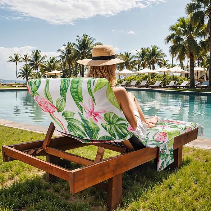 Lounge Chair Towel Covers, 2 Pack Outdoor Chaise Lounge Slipcover, 83" X 29" Flamingo Floral Microfiber Beach Chair Cover, Soft Absorbent Chaise Cover with Pockets for Pool Garden Patio