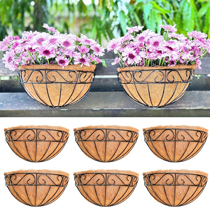 LaLaGreen Wall Hanging Planters, 6 Pack, 12 Inch Balcony Flower Baskets with Coco Liner Outside, Outdoor Vertical Garden, Fence Pots Holder Half Round Semi Circle Rail Railing Deck Porch Balcony Patio