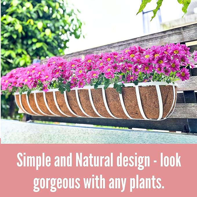 LaLaGreen Window Planter Boxes (48 Inch, 2 Pack) Deck Railing Flower Box with Coco Liner, White Metal Rectangular Wall Planters for Outdoor Plants Fence Balcony Horse Trough Garden Herb Patio Porch