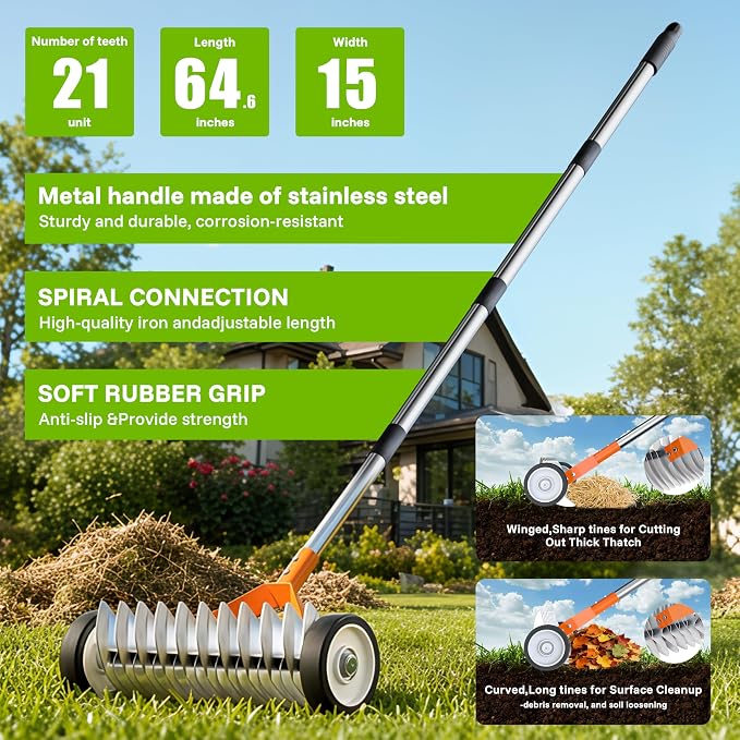 Thatch Rake for Lawn Dethatcher 15 Inch Heavy Duty Metal Rake with Wheels,Adjustable Long Handle Garden Rake for Loosening Soil Gathering Leaf