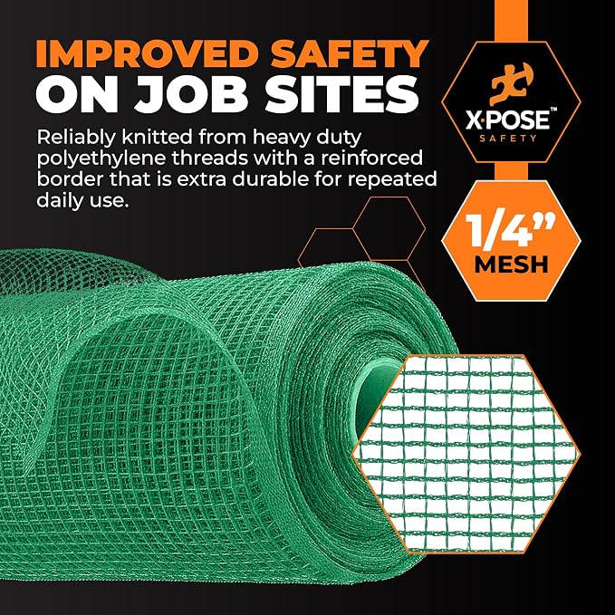 Xpose Safety Construction Safety Netting – 8.5' x 150', 1/4" Mesh Scaffold Safety Net, Temporary Material Roll, Visibility Fence, Heavy-Duty Fire Retardant, Green (24-Pack)