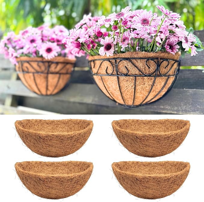 LaLaGreen 12" (4 Pack, Half Round) Coco Liners for Wall Hanging Planter – Small Coir Fiber Husk Replacement for Window Box, Pot, Garden Holder Basket-Also Available in 10/14/16’’ & Different Shapes