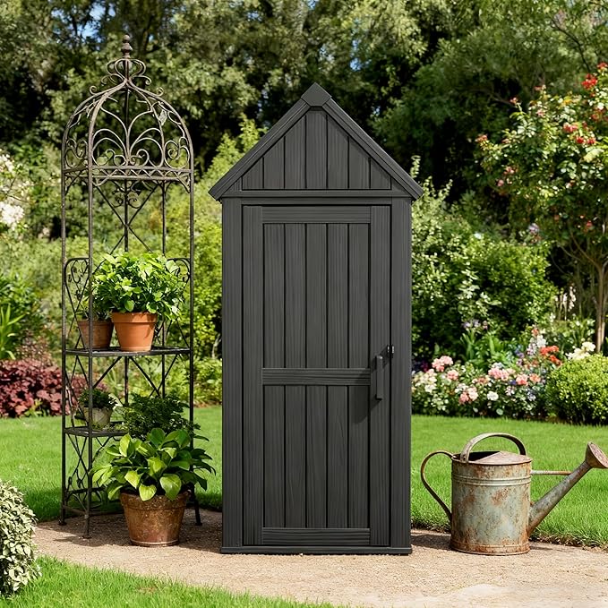 Vertical Outdoor Storage Shed, Waterproof Resin Outdoor Storage Cabinet with Removable Shelves & 12 Hooks, Lockable Small Tool Shed for Garden, Backyard, Patio, Pool, Classic Black