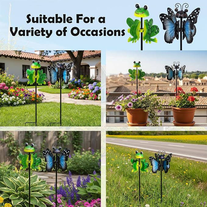 2-Pack Metal Wind Spinners – Exclusive Kinetic Design, Weather-Resistant 360° Rotating Outdoor Garden Art, Unique Yard Decor Gift for Patio Lawn (Frog & Butterfly)