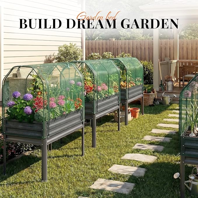 KING BIRD Large Raised Garden Bed with Netting Galvanized Elevated Planter Box with Legs 48×24×56 in for Backyard, Patio, Balcony, 400lb Capacity, Dark Grey