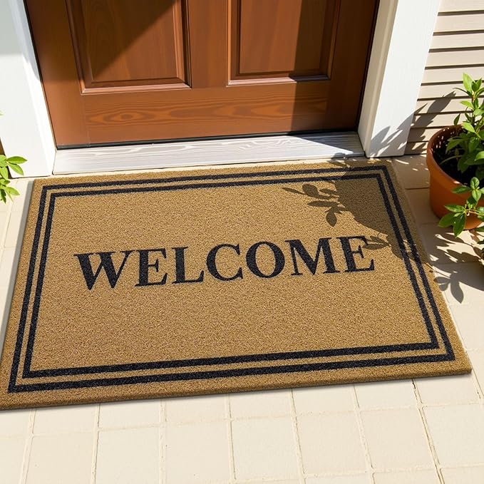OLANLY Front Door Mat, Low Profile Doormat, Stain and Fade Resistant, Easy to Clean, for Indoor and Outdoor Entrances, Patio Porch or Entryway, Brown (35x23 Inch, Welcome)