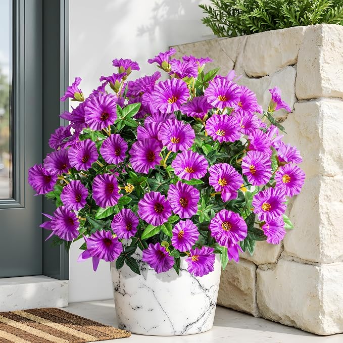 Purple Artificial Morning Glory Flowers for Outdoor Planters, Premium UV Resistant Silk Faux Flowers for Porch, Hanging Basket & Window Box, Cottage Garden Decor, No Pot, 13.3 Inch, 8 Bundles