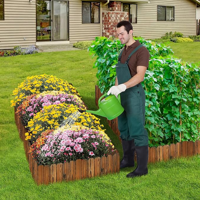 Rustic Pine Wood Landscape Edging - 15.6ft Total Length (2Pcs 7.8ft L x 8in H) Garden Fence Border, Easy to Install Sturdy Wooden Planter Fencing for Yard Flower Bed Lawns Pathway Tree