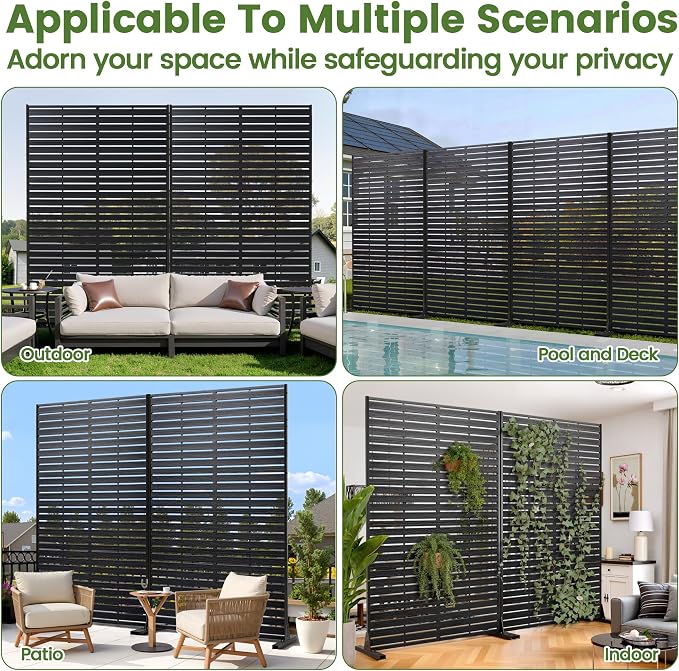 Outdoor Privacy Screen 72" H HDPE Decorative Panel Freestanding Privacy Fence with Stand, Privacy Screens with Louvered 6 Panels, Weather-Resistant Panel Fence for Patio, Balcony, Pool,Black