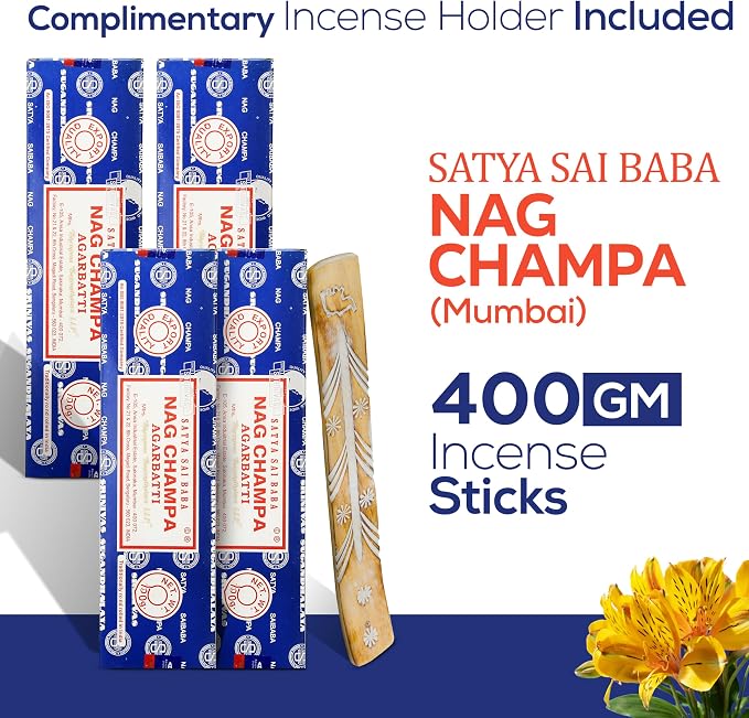 Satya Nag Champa Incense Sticks 100 gmx 4 Pack (400 GMS), Satya Insenses with Raajsee insence Holder Bundle, Nag Champa Natural Incence