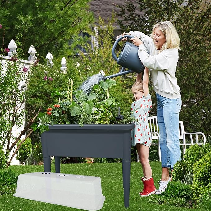 20.8 Gallon Vinyl Plant Box with Legs and Greenhouse Cover, 30" x 25.6" x 15" Self Watering Raised Garden Bed with Drainage Plug , Grey