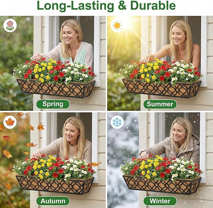 Y&M Window Boxes Horse Trough with Coconut Coir Liner, 24 Inch Window Deck with Coco Liner, Fence Metal Hanging Flower Planter Window Basket Deck Railing Planter Boxes (Flower 24in 2P)