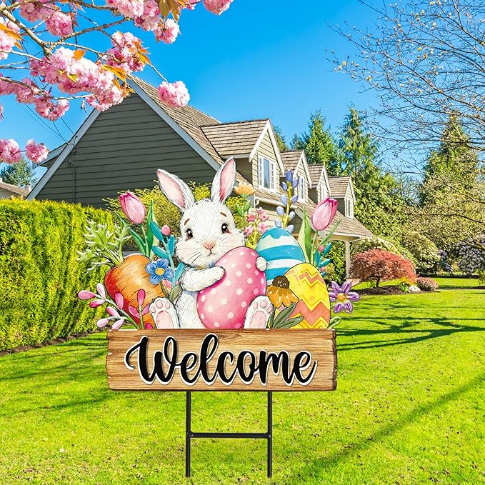 JarThenaAMCS Easter Metal Garden Stake Welcome Yard Sign Watercolor Bunny Rabbit Egg Floral Decorative Lawn Sign for Spring Home Outside Lawn Porch Walkway Pathway