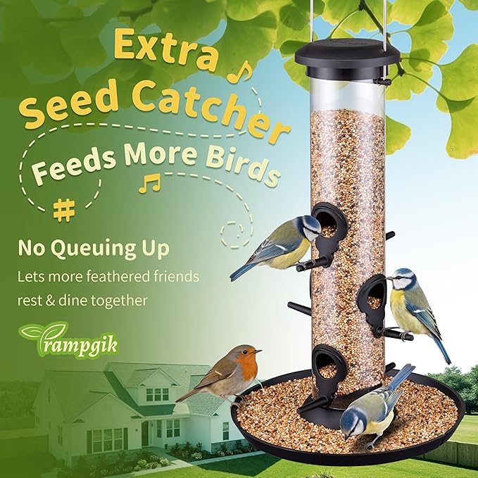 Bird Feeders for Outdoors Seed Catcher,6 Port Wild Bird Feeders with Tray,Bird Feeders for Outside Hanging for Cardinal 13 Inch,Black,Pack of 2