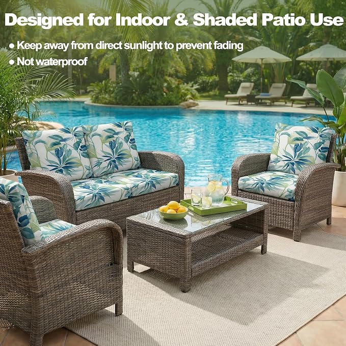 CALBODE 8 Pcs Stretch Outdoor Seat Cushion Covers, Botanical Chair Seat Cover for Patio Furniture Cushions Washable Reusable Indoor and Outdoor Couch Cover Replacement (Blue Leaves, Cover Only)