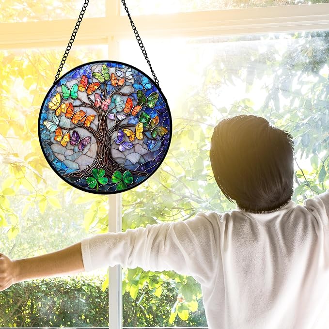 DASTOLL Stained Glass Window Hanging, Butterfly Tree Clover Sun Catchers Glass Panel Blue Suncatcher Decor for Birthday for Women, Men, Wife, Aunt, and Mom 7.8 in