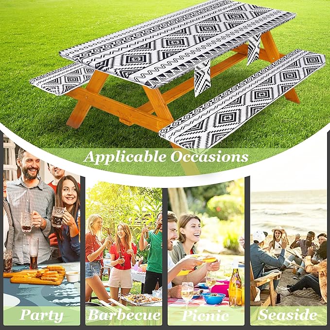 Picnic Table Cover with Bench Covers Vinyl Elastic Edges Fitted Rectangle Seat Tables Waterproof 3-Piece96X30in Set Outdoor Rectangular Folding Backing Tablecloth for Camping Over Size