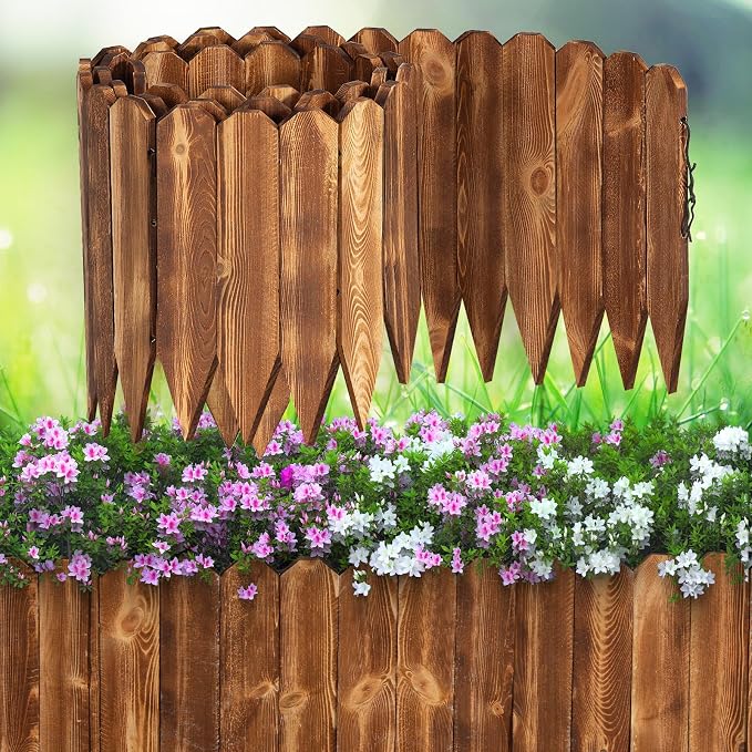 LINSHRY Wood Garden Fence, 11.8in (H) x 13.2ft (L) Wood Garden Edging, Outdoor Decorative Flower Bed Edging Borders for Yard Tree
