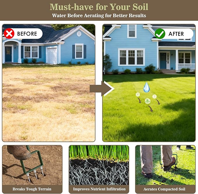 2-in-1 Manual Lawn Aerator Tool, Core Plug Aerator and Spike Aerator for Yard, 6 Replaceable Tines for Compacted Soil, Heavy Duty Garden Aeration Tool for Grass Roots Health & Lawn Care, Green