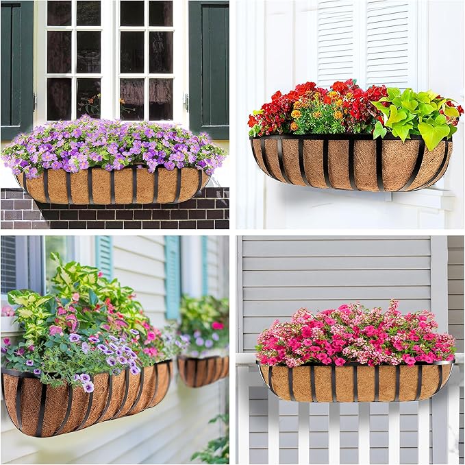 HFHOME 30" Window Box Deck Railing Planter with Horse Trough Coco Liners, Black Metal Hanging Flower Planters Baskets for Indoor, Outdoor, Balcony, Porch, Fence, Patio, and Lawn (Set of 2)