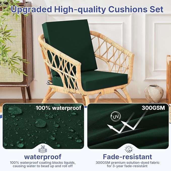 Outdoor Chair Cushions Set of 4 for Outdoor Patio Furniture, Waterproof Patio Seat Cushions with Handle & Ties, 3 Year Color Fastness Square Garden Sofa Couch Pads, 19" x 19" x 3", Dark Green