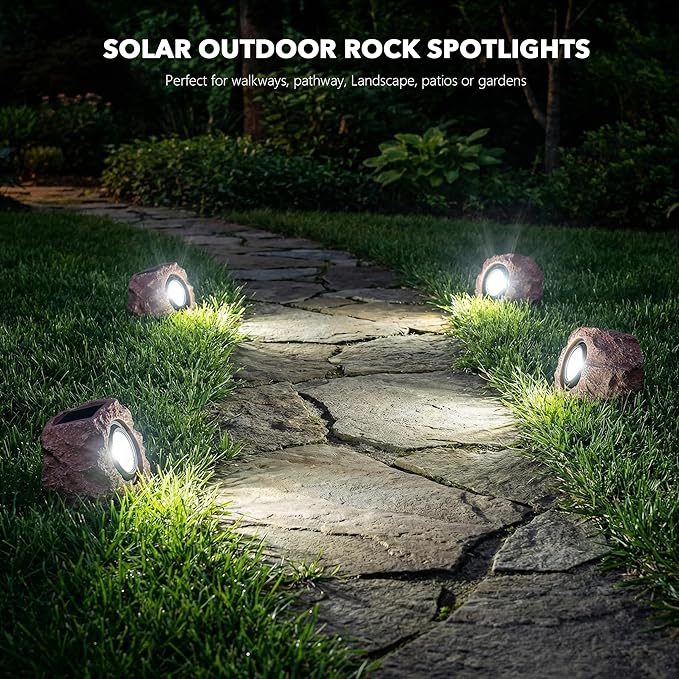 Solar Rock Lights Outdoor – 2 Pack Waterproof LED Landscape Garden Spotlights, Realistic Stone Design, Wireless Solar Powered Pathway Lights for Yard, Walkway, Patio & Lawn Decoration (Auto On/Off)