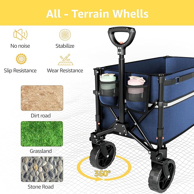 ROSONG Collapsible Wagon Cart with Wheels Foldable - Folding Utility Heavy Duty Wagons Carts for Grocery Sports Garden Shopping Camping Wheelbarrows (Navy Blue, 120L)