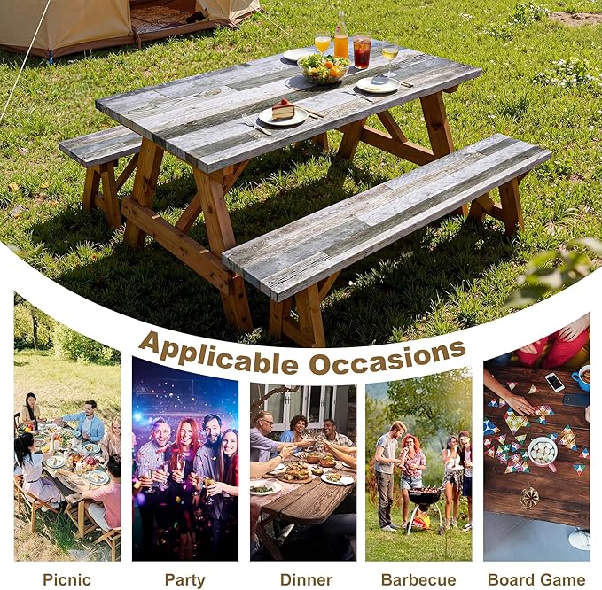 Picnic Table Cover with Bench Covers 6FT Farmhouse Waterproof Windproof Fitted Outdoor Wood Tablecloth with Elastic Rectangle Table Cloth Camping Essentials (Brown)