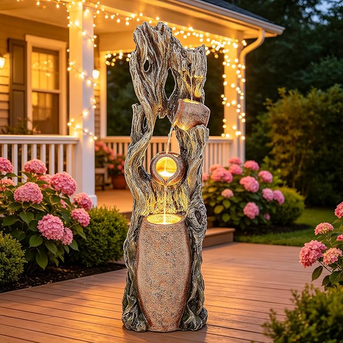 AUTODAYA Tall Outdoor Water Fountain with LED Lights, 42.7" 3-Tier Rainforest Waterfall Tree Trunk and Jar Garden Fountain, Ideal for Serene Relaxing Patio, Yard or Porch
