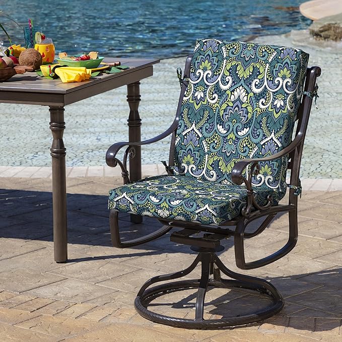 Arden Outdoor Midback Chair Cushion, 18 x 16.5, Water Repellent, Fade Resistant 18 x 16.5, Sapphire Aurora Blue Damask