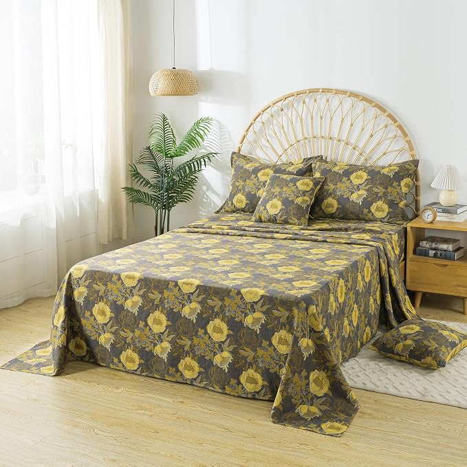 FADFAY Floral Sheets Set Queen Vintage Grey Yellow Floral Bedding Shabby Peony Farmhouse Bedding Super Soft Washed Double -Layer Muslin Sheets 100% Cotton Deep Pocket Fitted Sheet 4Pcs, Queen Size