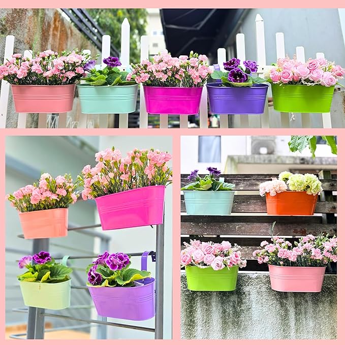 LaLaGreen Rail Planter (17 Inch, 6 Pack) Colorful Metal Hanging Flower Pots Railing Fence Balcony Gardening for Apartment Patio Planters Modern Garden Style Iron Outdoor Decoration Porch Decor