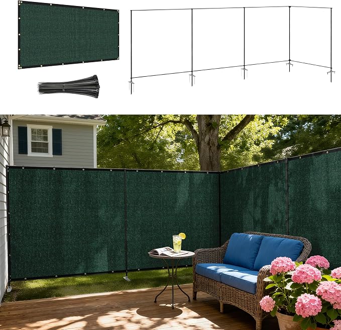 Windscreen4less Outdoor Privacy Fence Screen, 5'x45' Freestanding Privacy Fencing Set with Iron Poles and Ground Spikes, UV Resistant Mesh Cover Garden Pet Fencing for Backyard Patio Pool, Green