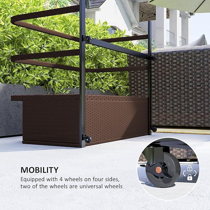 Outsunny Wicker Patio Pool Float Storage Basket, PE Rattan Outdoor Pool Caddy with Rolling Wheels for Floaties, Noodles, Life Vests, Beach Balls, Patio Furniture, Brown