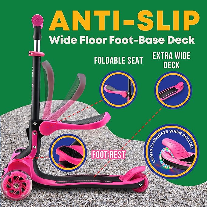 3 Wheel Scooter for Kids with Foldable Seat, Adjustable Handlebar Height, Lean-to-Steer Ride On Toy for Kids Ages 2+, Light-Up LED Wheels, Wide Anti Slip Deck, Indoor & Outdoor Use