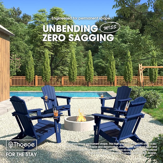 THOEOE Folding Adirondack Chair,HDPE All-Weather Outdoor Chair with Cup Holder,Wooden Textured,Fire Pit Chair,Plastic Patio Chair for Deck,Backyard,Garden,Lawn, Navy Blue