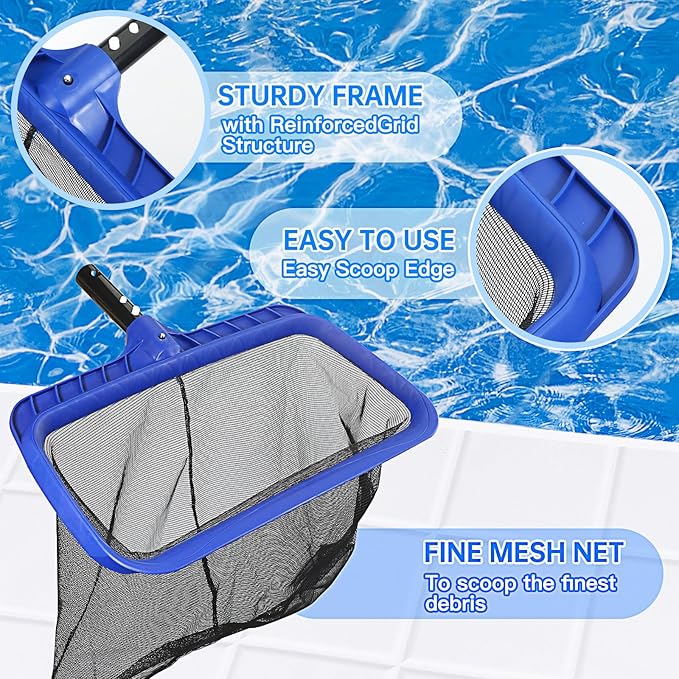 Pool Brush Head & Fine Mesh Pool Skimmer Kit，17" Pool Brushes for Cleaning Pool Wall， Reinforced Frame Pool Net Leaf Skimmer Cleaning Tool with Deep Fine Nylon Mesh Net Bag for Fast Cleaning