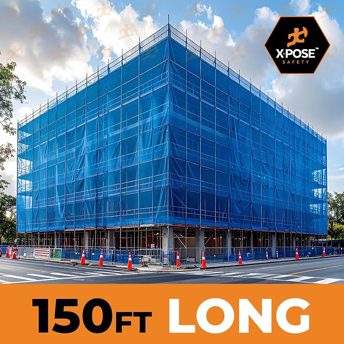 Xpose Safety Construction Safety Netting – 5.5' x 150', 1/4" Mesh Scaffold Safety Net, Temporary Material Roll, Visibility Fence, Heavy-Duty Fire Retardant, Blue (30-Pack)