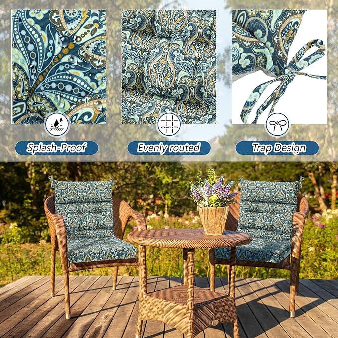 Sintuff 2 Pcs 44 x 21 x 4 Patio Chair Cushions Outdoor Chair Cushions Seat/Back Tufted Pillow with Ties All Weather Replacement Indoor Patio Furniture Outdoor Furniture (Pattern,Blue Vintage Flower)