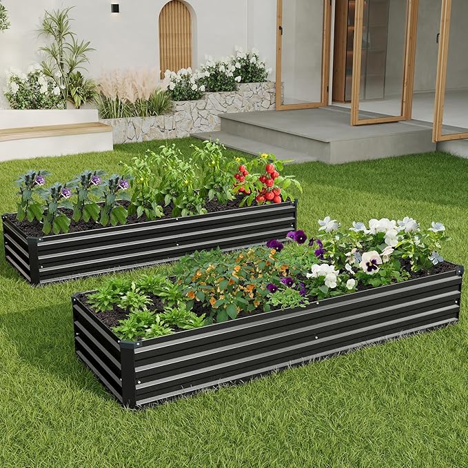 8×2×1FT(2PCS) Galvanized Raised Garden Bed Kit Metal Planter Boxes,Large Outdoor Planters Garden for Planting Vegetables,Flowers,Herbs -Black