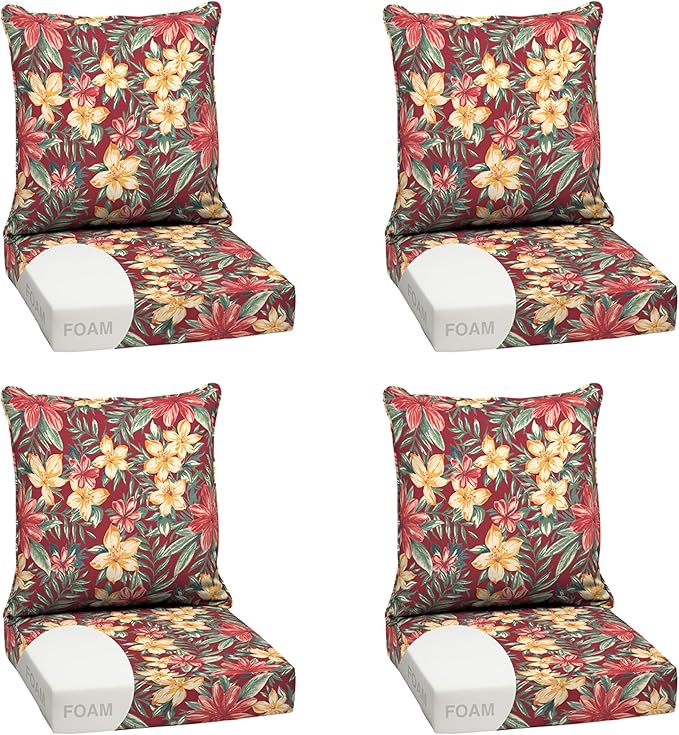 Arden Outdoor Foam Deep Seat Cushion Set (4-Pack), 24x24, Premium High-Density Foam, Never Flattens, Weather-Proof for Patio Chair Sofa Couch, Ruby Clarissa