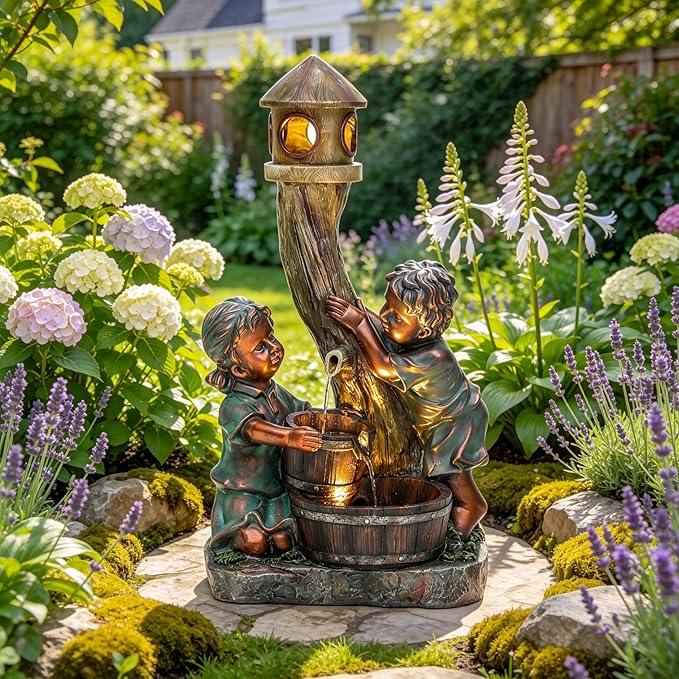 AUTODAYA 31" Boy & Girl Outdoor Water Fountain with LED Lights, Pagoda and Wood Barrel Garden Fountain, 3-Tier Cascading Waterfall for Tranquil Backyard, Patio or Porch, Faux Bronze Finish