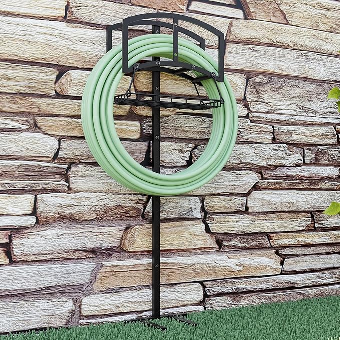 Garden Hose Holder with Storage Basket - Heavy-Duty Freestanding Hose Organizer, Black Powder-Coated, Detachable Design Holds 150FT Hose, Includes Assembly Tools for Lawn, Yard, and Garden