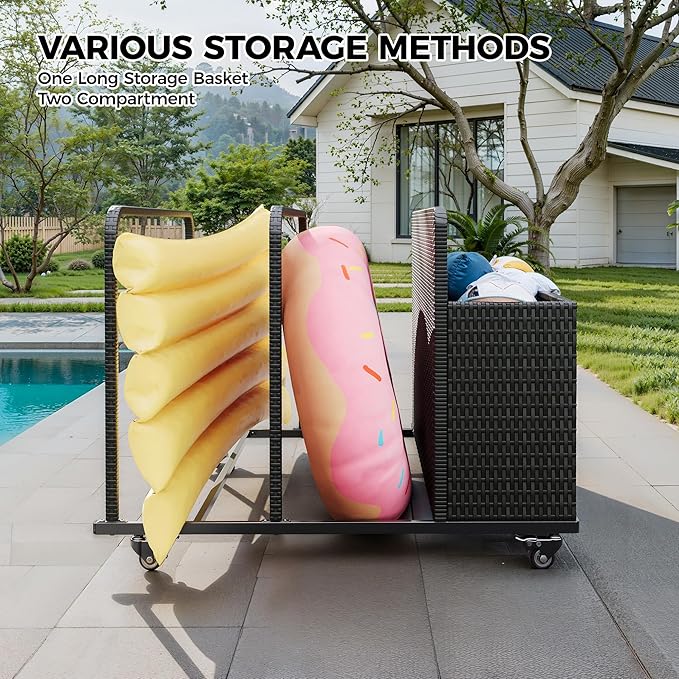 Pool Float Storage Organizer with Rolling Wheels, Outdoor Wicker Rattan Pool Caddy & Toy Storage Basket, All-Weather PE Rattan Holder for Pool Noodles, Life Vests, Beach Balls, Equipment, Patio Deck