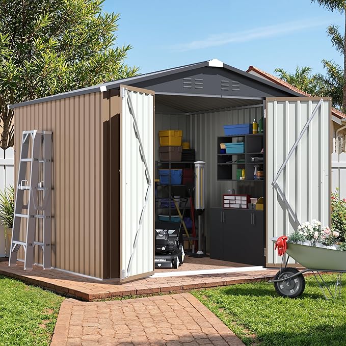 JUMMICO 8x8 FT Outdoor Storage Shed, Heavy Duty Tool Metal Sheds with Lockable Doors and Updated Frame Structure for Backyard Patio Lawn, Brown