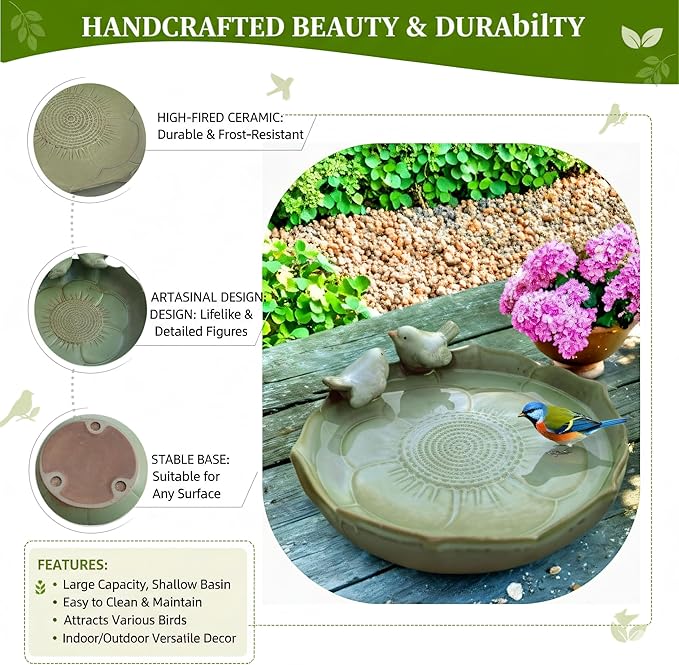 Large Ceramic Bird Bath Bowl Only, 10" Shallow Ground Bird Bath, Handmade Ceramic Birdbath Bowl for Outdoors, Wildlife Water Bowl for Outside, Garden, Tabletop, Balcony and Lawn